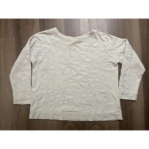 J Jill Sweatshirt Womens Large White Floral Embroidered Pullover Casual Top